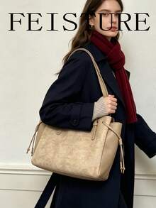 FEISTURE 1件裝 麂皮材質與PU布料拼接女款多層通勤托特包 時尚單肩包 適合女孩、女性、大學生、職場新人與白領上班族 適用於工作、商務、通勤、上學 - 卡其色 - 查看 3