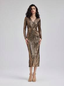 Rich Radi Q's Fashion Women's Woven Long Sleeve V-Neck Bodycon Dress, Gold Appearance Pleated Midi Length, Suitable For Formal Occasions - Gold - View 1
