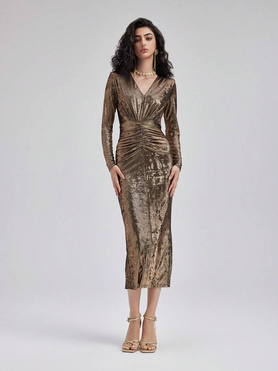 Rich Radi Q's Fashion Women's Woven Long Sleeve V-Neck Bodycon Dress, Gold Appearance Pleated Midi Length, Suitable For Formal Occasions - Gold - View 1