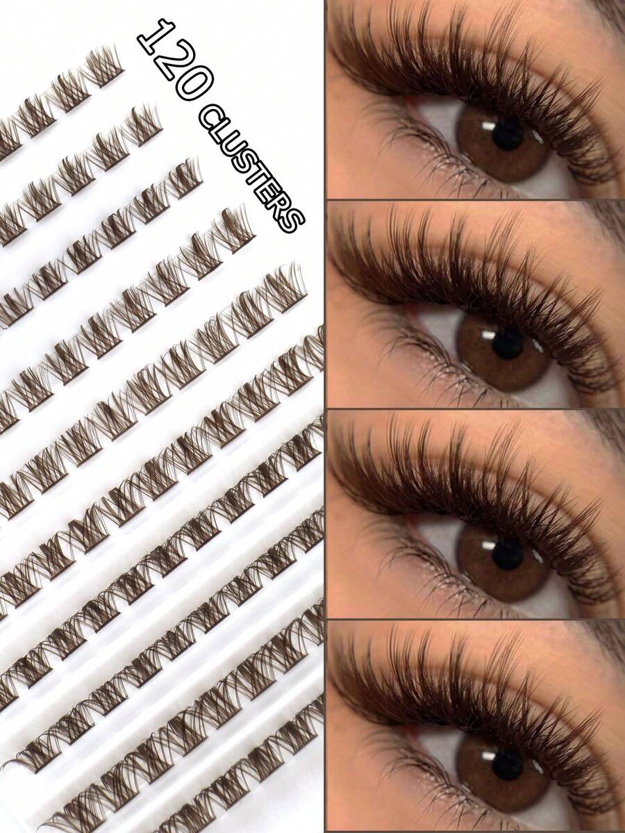120 Clusters Brown Cat Eye Dense DIY Eyelashes, Segmented 3D Fluffy Curly Eyelash Extensions 8/16mm, Lightweight Comfortable Faux Mink Hair For Daily Home Makeup - D - View 1
