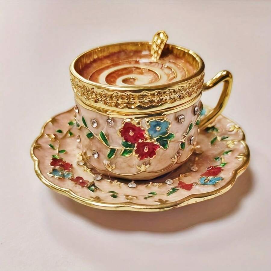 1pc Exquisite Mini Coffee Cup Shaped Jewelry Box, Ring Box & Accessory Storage Box For Rings And Earrings, Cute Desktop Decor Ornament Gift, Small Keepsake Organizer Box Suitable For Vanity Drawer Travel, Portable Jewelry Box For Women, Teens And Adults