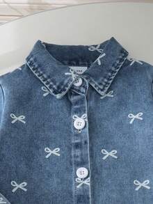 3pcs Baby Girl Vintage Casual Printed Long Sleeve Denim Jacket, Black Camisole Top And Shorts Set, Lightweight For Spring And Autumn - Light Wash - View 6