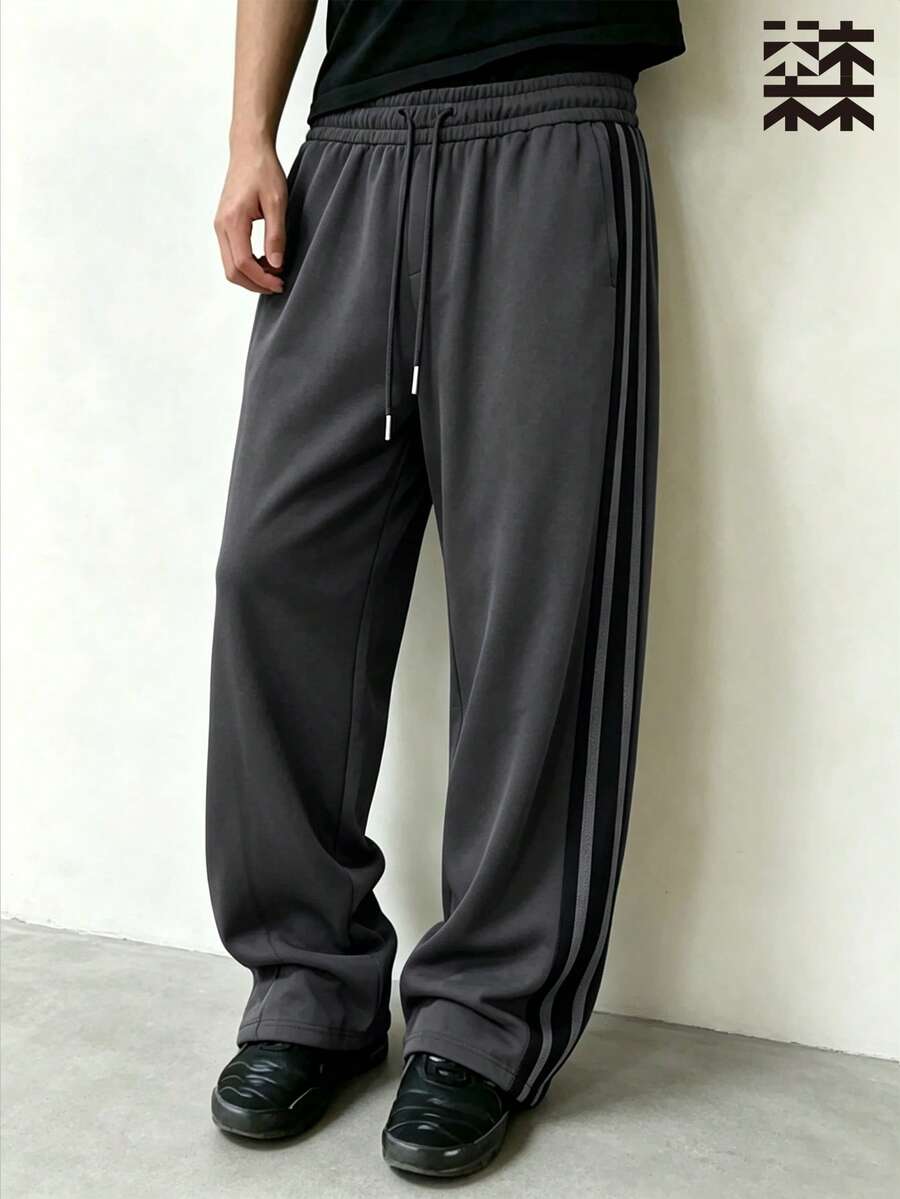 mulinsen Men's Side Colorblock Striped Wide Leg Sweatpants, Drawstring Elastic Waistband, Casual Streetwear Long Pants - Dark Grey - View 1