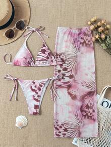 Women's Elegant Summer Beach Vacation Fashionable Pink Butterfly Print Halter Casual Bikini Set - Multicolor - View 2