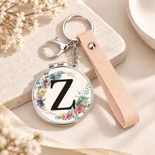 1pc 26 Letters Optional Floral Design Double-Sided Portable Makeup Mirror, 1X High Definition Mirror 180° Foldable PU Leather Pendant, Girls Bag Keychain Mirror/Bag Charm - Multicolor - View 24
