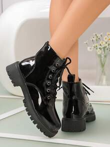 Glossy Black PU Thick Heel Ankle Boots & Round Toe Boots - Lace-Up Closure Design, Round Toe, Rubber Sole - Shiny Dress Boots Suitable For Various Occasions, Applicable For Casual Outfits - Black - View 5