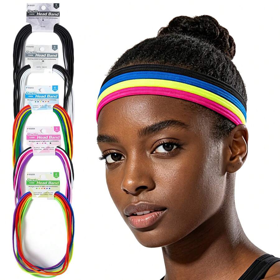 6pcs Thin Elastic Sports Headbands, 6-Pack Sweat-Absorbing Moisture-Wicking Hairbands For Running, Yoga, Fitness, Multi-Color Options - Multicolor - View 1