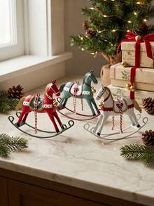 Vintage American Style Tin Rocking Horse Pendant, Red White Green Printed With Bell, Christmas Tree Holiday Decoration Hanging Ornament, Children's Room Soft Decor - Multiple Styles - View 6