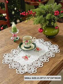1pc 100% Polyester Christmas Table Runner With Lace Trim, Embroidered Red Candle, Bell And Holly Leaf Pattern, White Holiday Dining Table Decor, Suitable For Winter Party Home Decoration - White - View 12