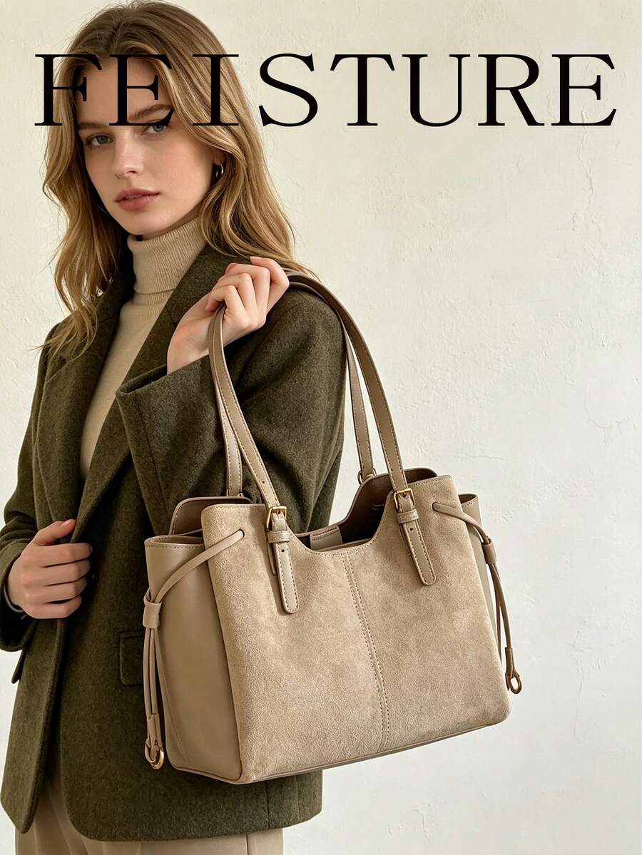 FEISTURE 1件裝 麂皮材質與PU布料拼接女款多層通勤托特包 時尚單肩包 適合女孩、女性、大學生、職場新人與白領上班族 適用於工作、商務、通勤、上學