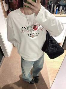 Niche Japanese Face Mask Letter Print Long Sleeve Base Layer Top, Slouchy Versatile Minimalist Crew Neck Long Sleeve Shirt - White - View 1