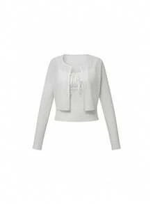 Early Autumn Elastic Lace Jacquard Cardigan & Camisole 2 Pieces Set For Women - White - View 10