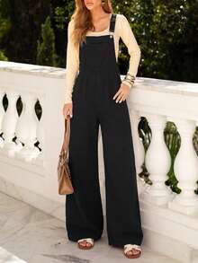 Women's Vintage Black Denim Sleeveless Long Jumpsuit With Buttons, Zipper Pockets, Fashionable Non-Stretch Fabric - Black - View 3