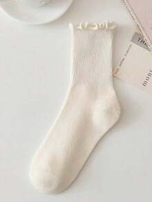 1/3/5/6/10 Pairs Women's Casual Ruffle Edge Mid-Calf Socks, All-Season Solid Color Socks, Japanese Style Lace Mid-Calf Socks For Autumn/Winter - Multicolor - View 4