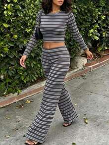 Casual Fashion Striped Round Neck Long Sleeve Wide Leg Pants Set - Blue - View 4