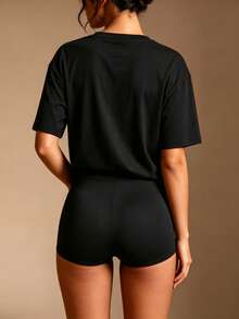 XLLAIS Deep V-Neck Short Sleeve Loose Fit Solid Color Basic Casual T-Shirt For Women, Suitable For All Seasons Daily Wear - Black - View 4