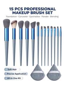 15pcs Professional Full Makeup Brush Set, Including 2 Triangle Powder Puffs, Soft Bristle Powder Brush, Foundation Brush, Eyeshadow Brush, Blush Brush, Highlighter Brush, Concealer Brush, Home And Travel Makeup Tools - Dusty Blue - View 2