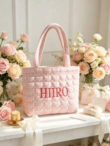 1pc Personalized Name Quilted Plaid Tote Bag, Customized Checkered Shoulder Bag, Bridesmaid Gift, Embroidered Name, Lightweight Shopping Handbag - Multicolor - View 1