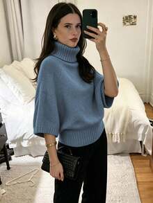 Women's Casual Autumn/Winter Solid Gray High Neck Batwing Sleeve Knit Top, Cinched Waist Textured Design, Everyday Commute Office Pullover - Dusty Blue - View 6