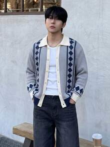 Men's Cardigan Sweater Jacket, Korean-Japanese Vintage Casual Style, Wide Diamond Argyle Pattern, Contrast Color, Turn-Down Collar, Button Front, Autumn/Winter - Royal Blue - View 1