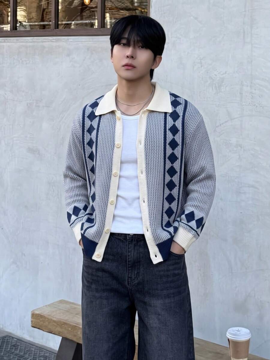 Men's Cardigan Sweater Jacket, Korean-Japanese Vintage Casual Style, Wide Diamond Argyle Pattern, Contrast Color, Turn-Down Collar, Button Front, Autumn/Winter - Royal Blue - View 1