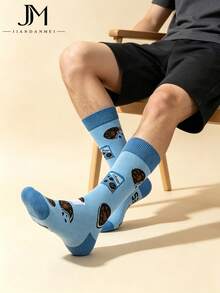 Men's Grey Argyle Ribbed Cuff Cotton Sweat-Absorbent Breathable British Business Style Mid-Calf Socks For Office Commute - Multicolor - View 1