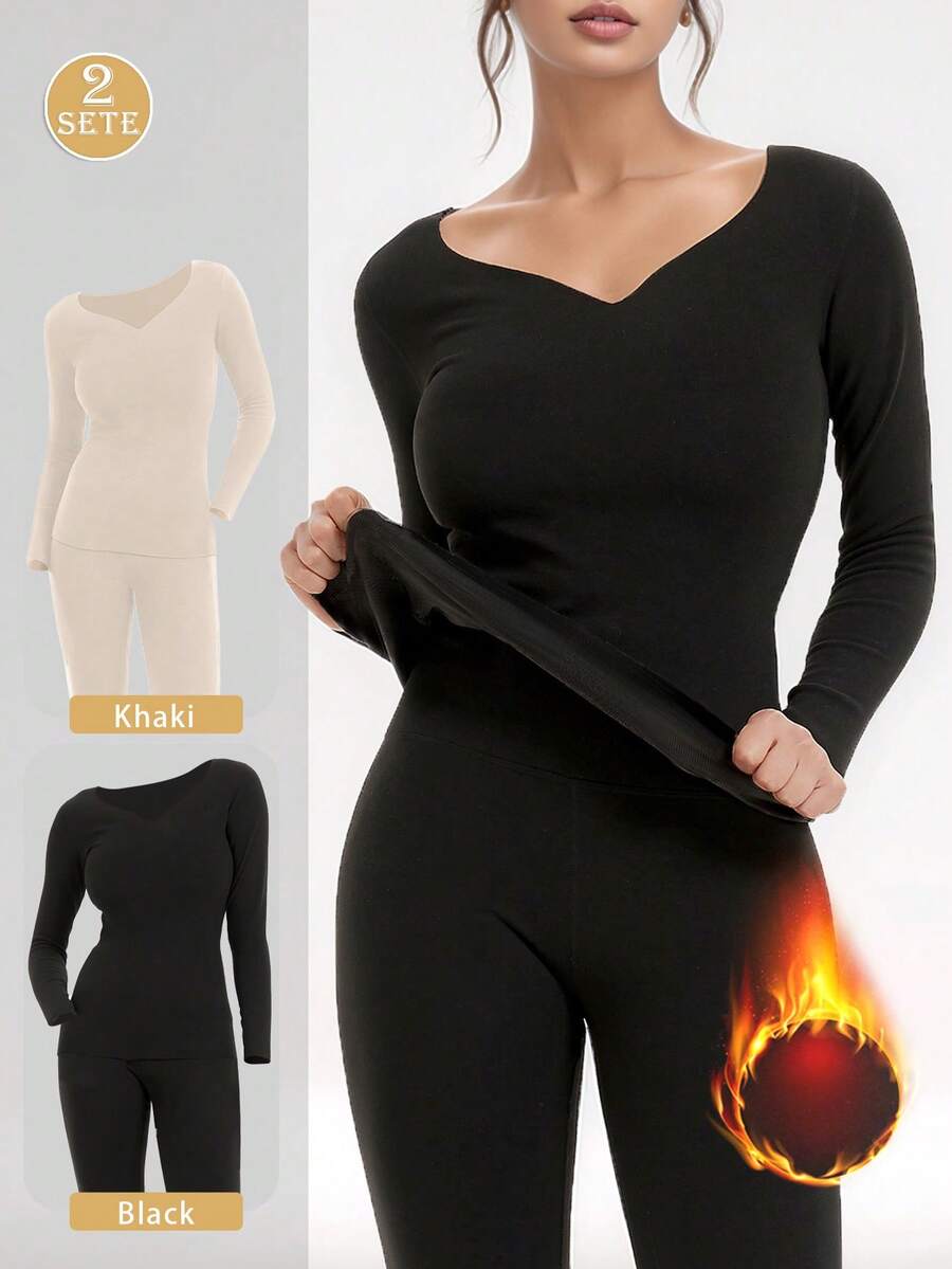 2 Sets Women's Wool Lined Thermal Underwear, High Elasticity Solid Color Slim Fit Warm Base Layer Sleepwear Loungewear, Suitable For Cold Winter - Multicolor - View 1