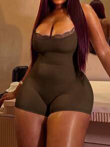 Women's Sexy Bold Avant-Garde Lace Patchwork Fitted Jumpsuit - Brown - View 4