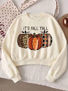 Women's Fall Y'all Pumpkin Print Cropped Sweatshirt, Autumn Crew Neck Long Sleeve Ribbed Hem Casual Pullover - Apricot - View 4