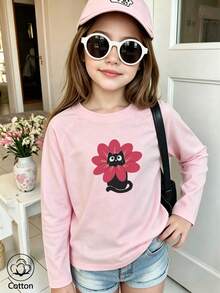 Kids Long Sleeve T-Shirt Round Neck Cartoon Cat Print Pink - Baby Pink - View 1