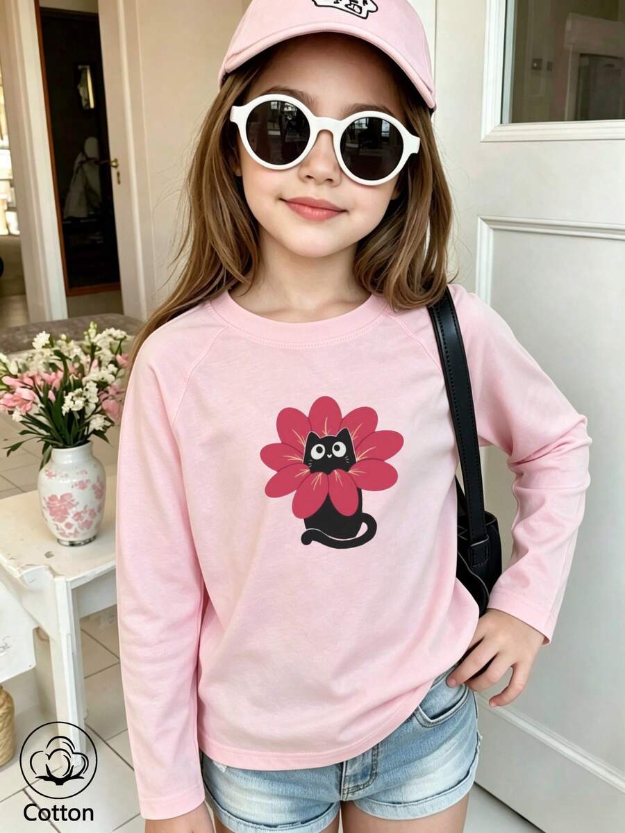 Kids Long Sleeve T-Shirt Round Neck Cartoon Cat Print Pink - Baby Pink - View 1