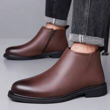 Men's Smooth Leather Side Zipper Ankle Boots Heel Pull Tab Round Toe Low Block Heel Black Office Business Casual Daily Wear Shoes - Brown - View 2
