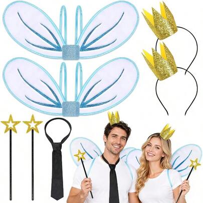 Parma77 Couple Halloween Costumes For Adults, Fairy Star Wands Wing Gold Crown And Tie, Angel Princess Fairy Costume For Birthday Party Cosplay Hallow