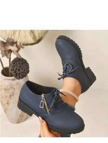 Navy Blue Chunky Heel Ankle Boots For Women, Lace-Up Side Zipper Buckle Thick Sole Anti-Slip Commuter Boots - Navy Blue - View 4