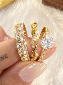 ZCNC Znice 2026 新款 304 不鏽鋼 18K 金鍍層可疊戴戒指組，女款 3 件套，苜蓿花與滿鑽個性化戒指，低過敏簡約飾品，母親節禮物，夏季度假配件 - 金色17 - 查看 11