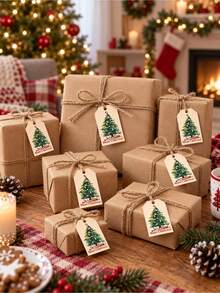 1 Set 48pcs/1pc - Christmas Holiday Gift Tags With Jute Rope - Green Background, Perfect For Holiday Packaging Cards, Seasonal Greetings And Holiday Decorations, Gift Wrapping Supplies Cards - Christmas Tree Style 2 - View 6