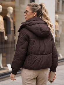 Women's Short Quilted Hooded Jacket, Detachable Hood, Zip & Snap Closure, Adjustable Hem - Chocolate Brown - View 3