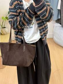 Maillard Autumn/Winter New Large Capacity Tote Bag, Fashionable High-End Shoulder Mother-Daughter Bag, Solid Color Vintage Handbag - Chocolate Brown - View 2