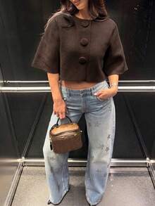 Women's Elegant Mid-Sleeve Knit Cardigan, Autumn Style - Dark Brown - View 3