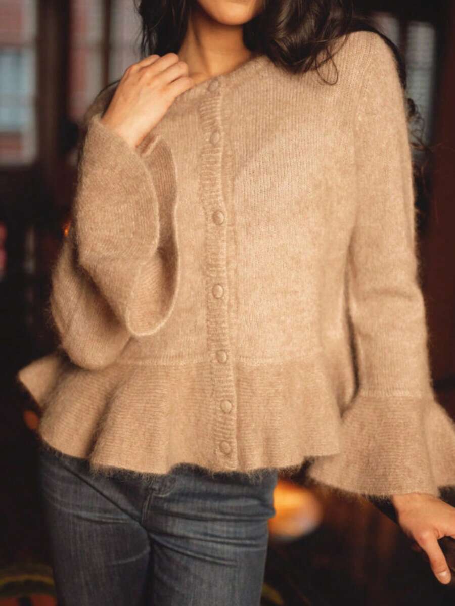 Knitted Button Front Cardigan With Bell Sleeves, Ruffle Cuffs And Round Neck Sweater Jacket - Mocha Brown - View 1