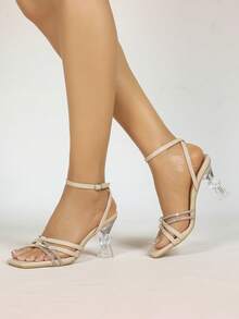Women's Square Toe Crystal High Heel Sandals With Rhinestone Strap, Open Toe, Summer Autumn, Minimalist Basic Style, Metal Buckle - Apricot - View 9
