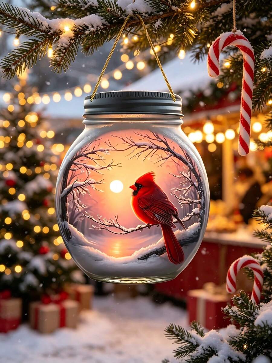 5pcs/1pc 2D Red Bird Acrylic Christmas Hanging Ornament, Tree Hanging Pendant, Wish Bottle Shaped Christmas Tree Decoration, Multi-Functional Keychain And Backpack Charm, Christmas Holiday Decoration, Holiday Home Decor, Christmas Party Gift - C - View 1