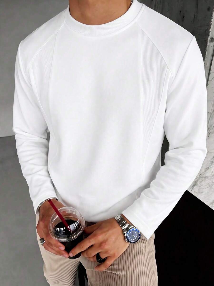 Blueprint Man 1pc Men's White Long Sleeve T-Shirt, 3D Segmented Patchwork Stitching Design, Comfortable Skin-Friendly Fabric With Soft Touch, Solid Color Minimalist Style, Suitable For Commuting And Daily Wear, Men's T-Shirt - White - View 1
