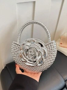 女款晚宴手拿包，半圓形頂部手柄，3D玫瑰圖案，紋理珠飾表面，奢華魅力風格，適合婚禮、派對、舞會之夜，女用 - 銀色 - 查看 3