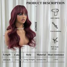 Women's Long Wavy Wig With Bangs, 22-Inch Layered Synthetic Heat-Resistant Fiber Wig (Natural Curl), Suitable For Parties, Cosplay, And Halloween Costumes (Orange / Burgundy) – Includes Two Wig Caps - Multicolor - View 5