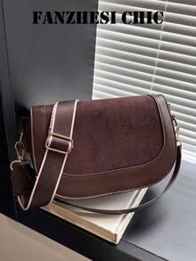 Contrast Trim Wide Webbing Strap Decor Patchwork PU Wear-Resistant Magnetic Closure Saddle Bag, Maillard Vintage Style Crossbody Shoulder Bag For Women, Minimalist Textured Commuter Bag - Coffee - View 1