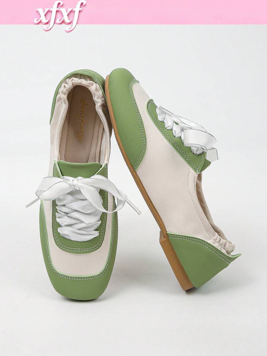 XfLadies' Color Blocked Flat Casual Shoes With Elastic Pleats At The Heel, Suitable For Casual Daily/Commuting/Shopping/Travel Wear. - Green - View 1