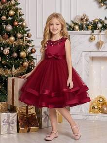 Young Girls Bow Mesh Satin Puff Princess Elegant Luxurious Dress Suitable For Party, Headband Not Included - Burgundy - View 3