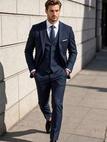 Men's 3 PiecesFormal Suit Set, Slim Fit Single-Breasted 2-Button Blazer, V-Neck Vest, Suit Pants, Suitable For Business, Wedding, Daily Work - Navy Blue - View 2