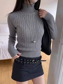 Autumn/Winter New Korean Style Cable Knit High Neck Long Sleeve Slim Fit Cinched Waist Sweater, Flattering Pure Desire Base Layer Top - Grey - View 3